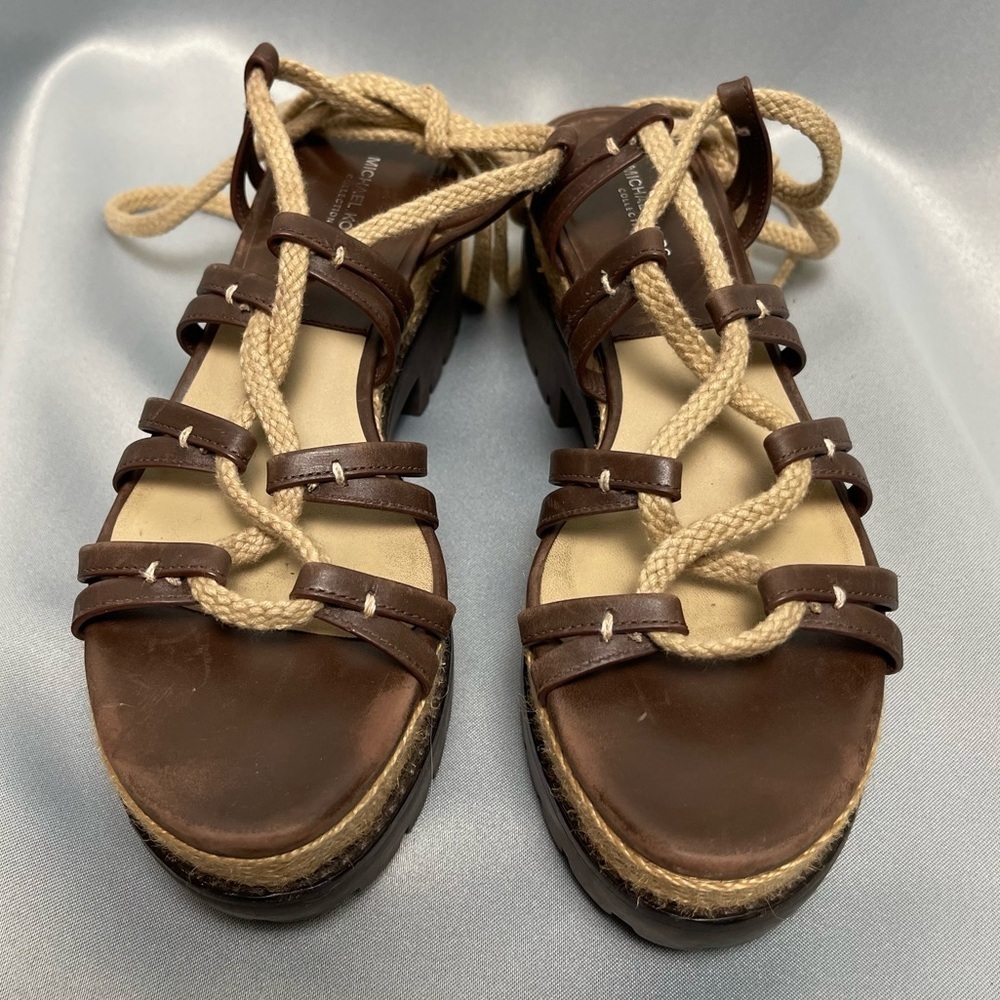Michael Kors Brown Beige Platform Flatform Lace Up Sandals - Size 7.5, EU 37.5 - Picture 5 of 14